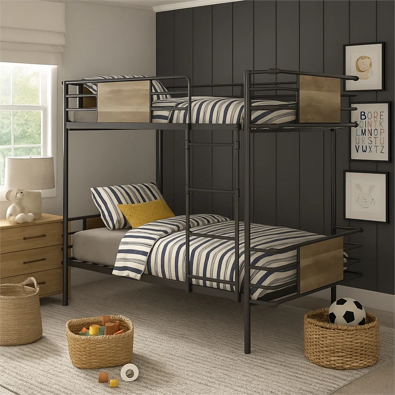 Benjara Metal Twin Over Twin Bunk Bed with Attached Ladder- Black