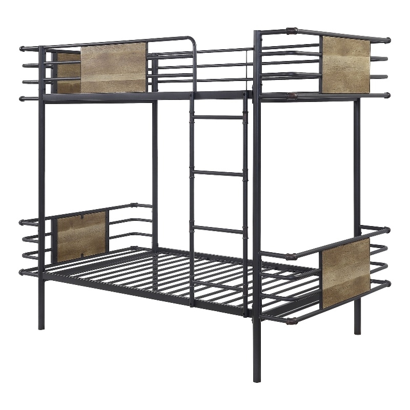Benjara Metal Twin Over Twin Bunk Bed with Attached Ladder- Black