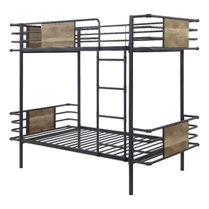 Benjara Metal Twin Over Twin Bunk Bed with Attached Ladder- Black
