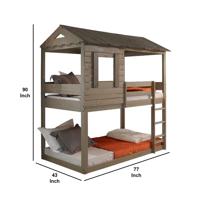 Benjara Twin Size Wooden Bunk Bed with House Design- Brown