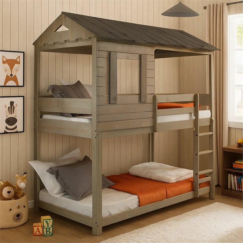 Benjara Twin Size Wooden Bunk Bed with House Design- Brown
