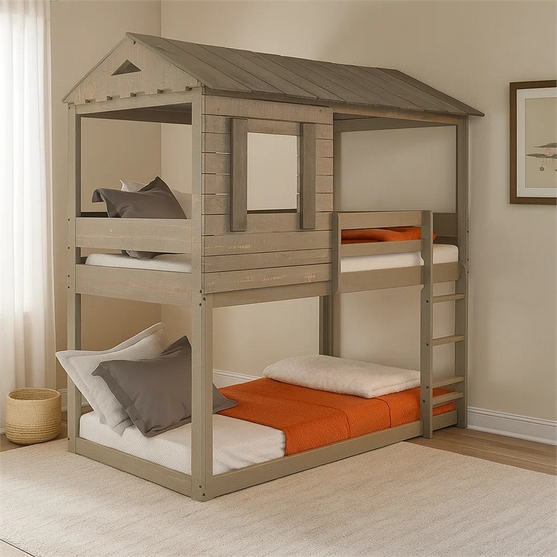 Benjara Twin Size Wooden Bunk Bed with House Design- Brown