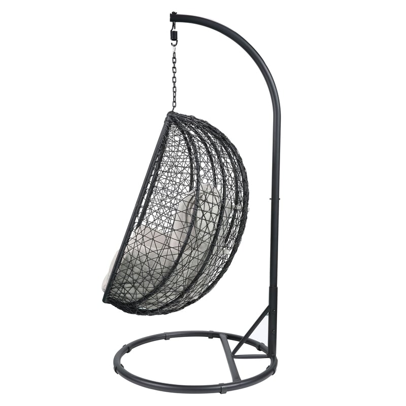 Benjara Oval Wicker Swing Chair with Mesh Pattern- Black and Beige