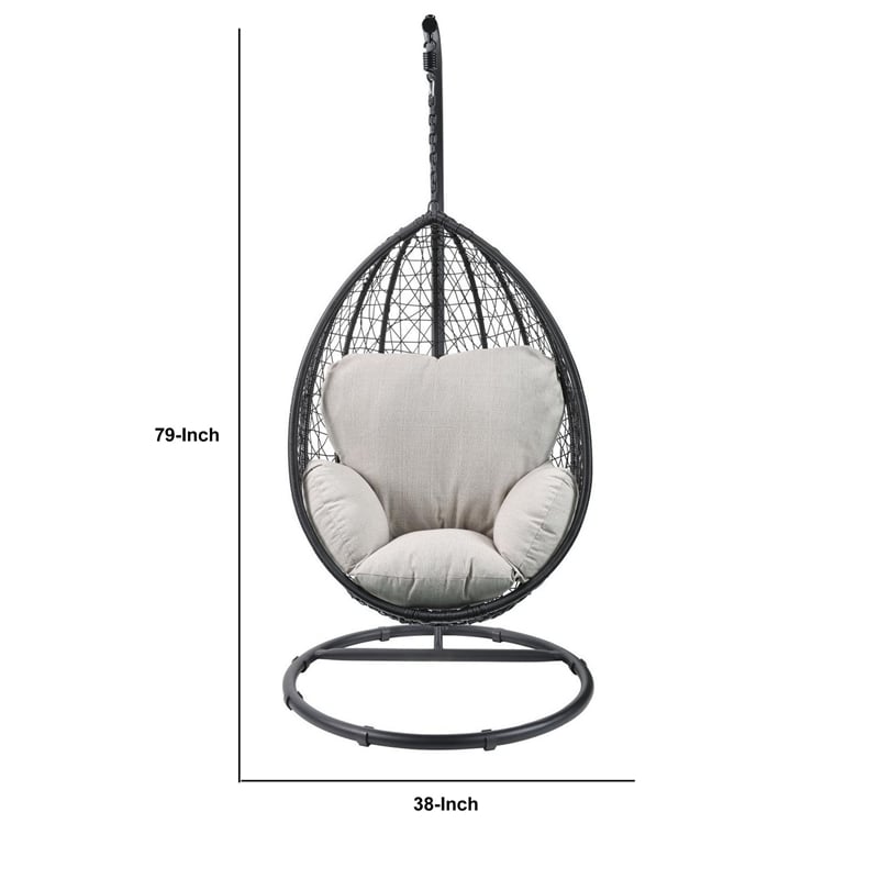 Benjara Oval Wicker Swing Chair with Mesh Pattern- Black and Beige