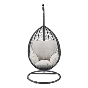Benjara Oval Wicker Swing Chair with Mesh Pattern- Black and Beige
