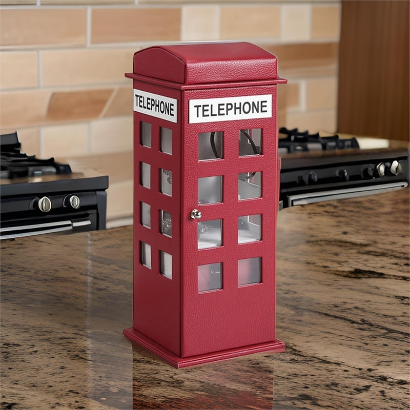 Benjara Telephone Booth Jewelry Box with 2 Drawers- Burgundy Red