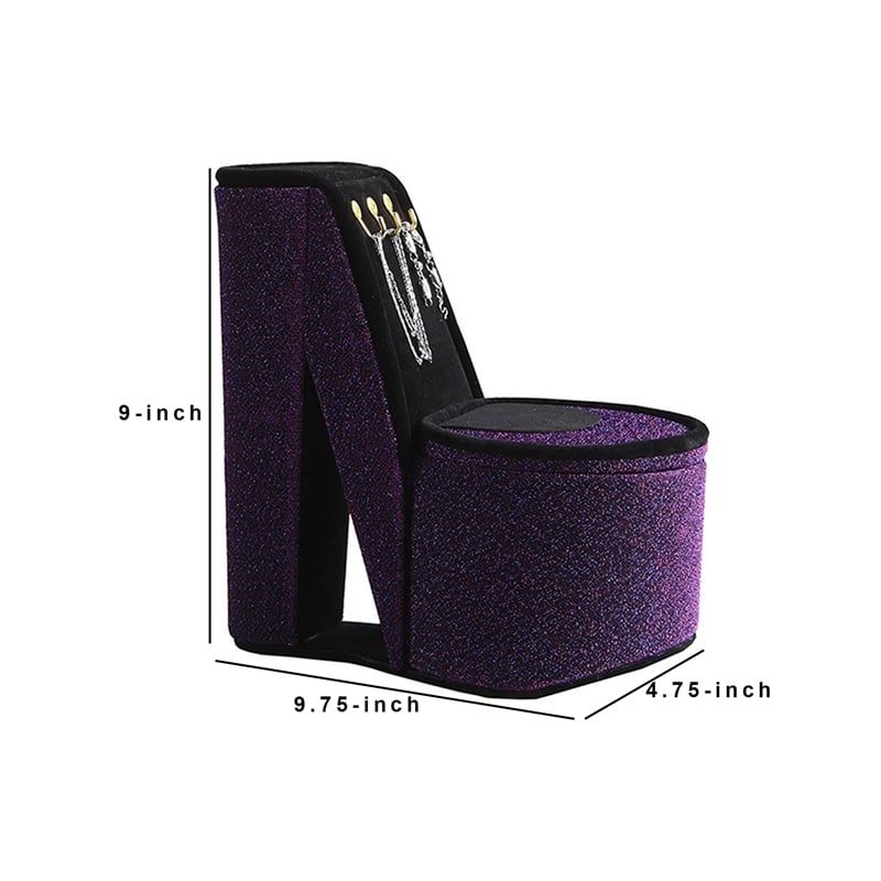 Benjara High Heel Shoe Jewelry Box with 3 Hooks and Storage- Purple