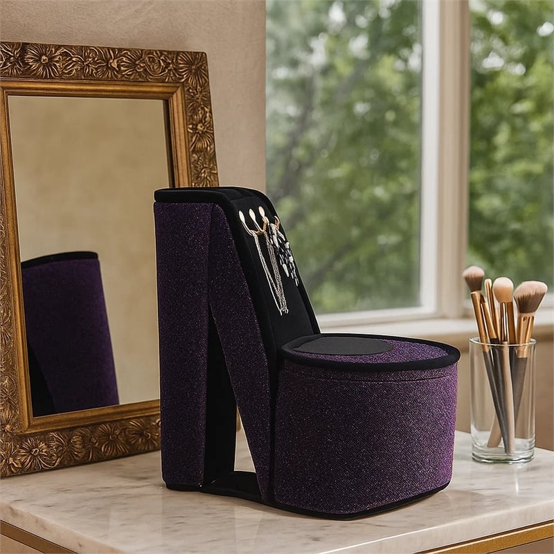 Benjara High Heel Shoe Jewelry Box with 3 Hooks and Storage- Purple