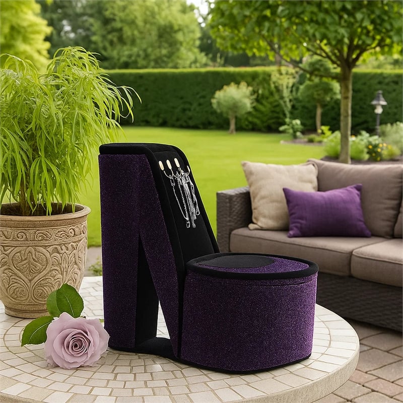 Benjara High Heel Shoe Jewelry Box with 3 Hooks and Storage- Purple