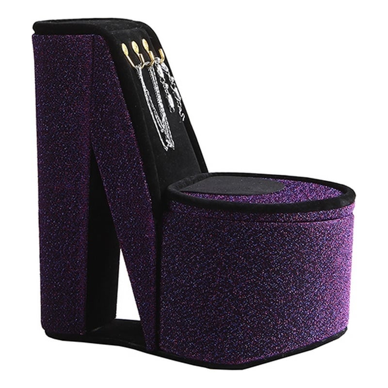 Benjara High Heel Shoe Jewelry Box with 3 Hooks and Storage- Purple