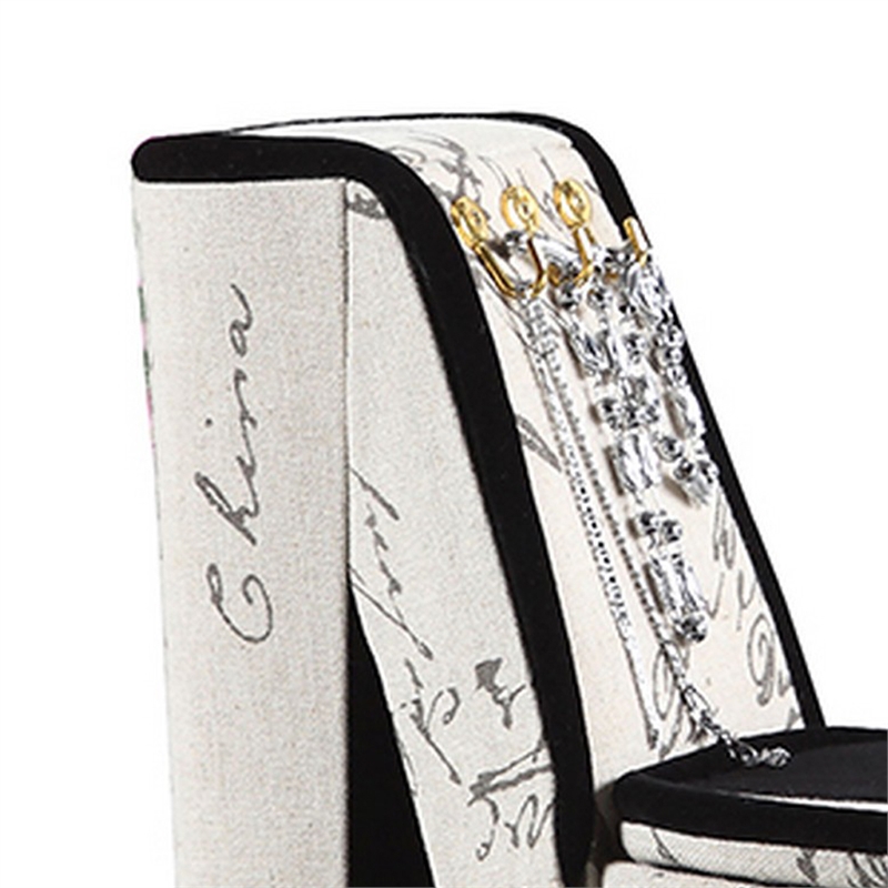 Benjara High Heel Script Shoe Jewelry Box with 3 Hooks- Beige and Black