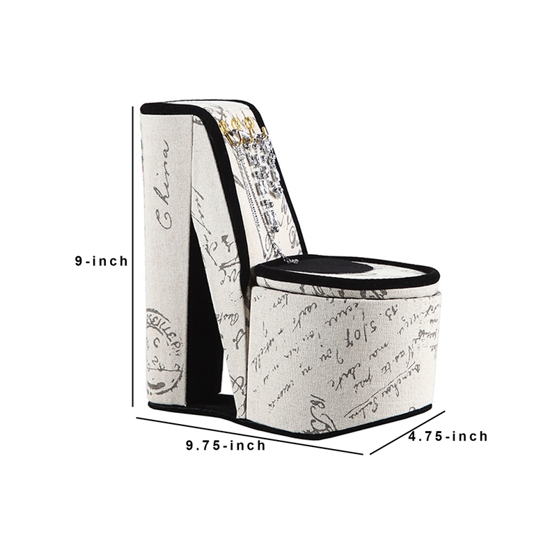 Benjara High Heel Script Shoe Jewelry Box with 3 Hooks- Beige and Black
