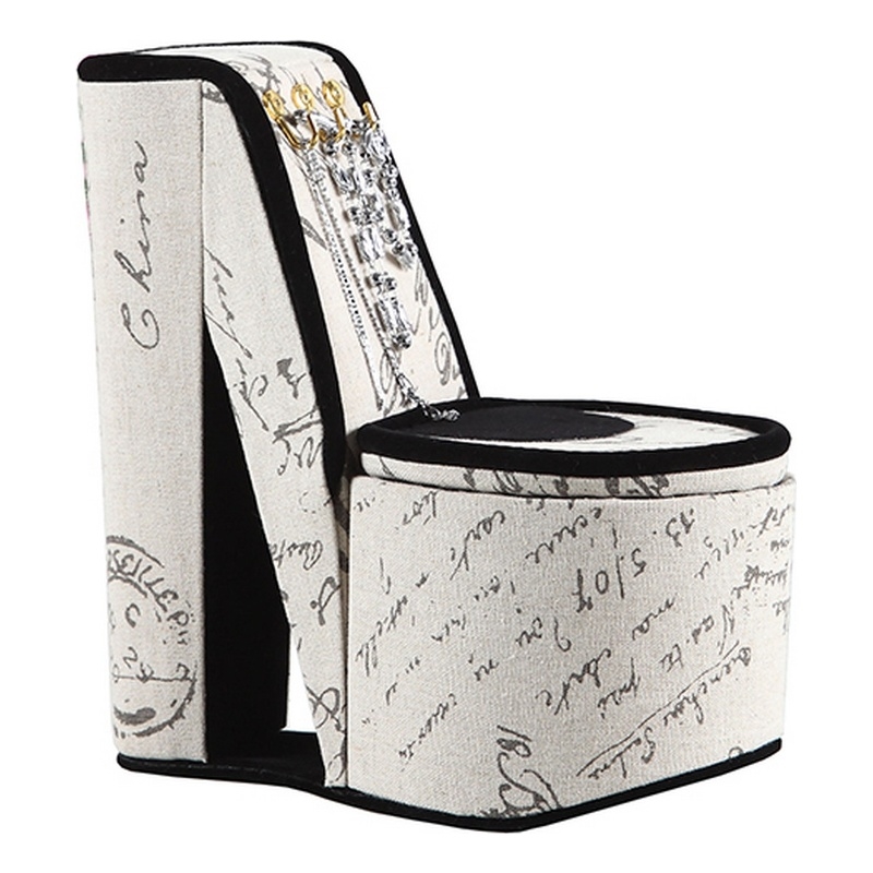 Benjara High Heel Script Shoe Jewelry Box with 3 Hooks- Beige and Black