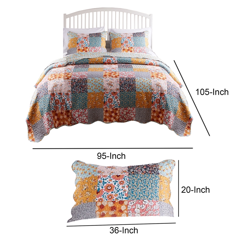 Benjara 3 Piece King Quilt Set with Floral Print- Multicolor