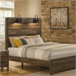 Benjara Queen Bed with Rustic Heavy Grain Details and 2 Attached Lanterns- Brown