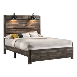 Benjara Queen Bed with Rustic Heavy Grain Details and 2 Attached Lanterns- Brown