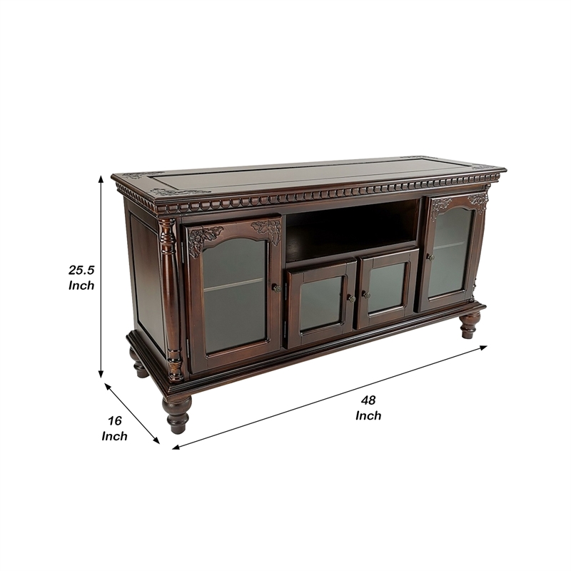 Benjara TV Stand with 4 Glass Doors and Turnip Feet- Brown