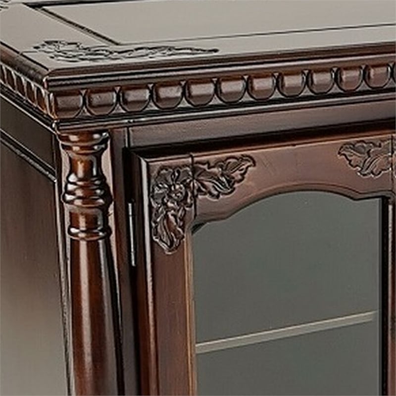 Benjara TV Stand with 4 Glass Doors and Turnip Feet- Brown
