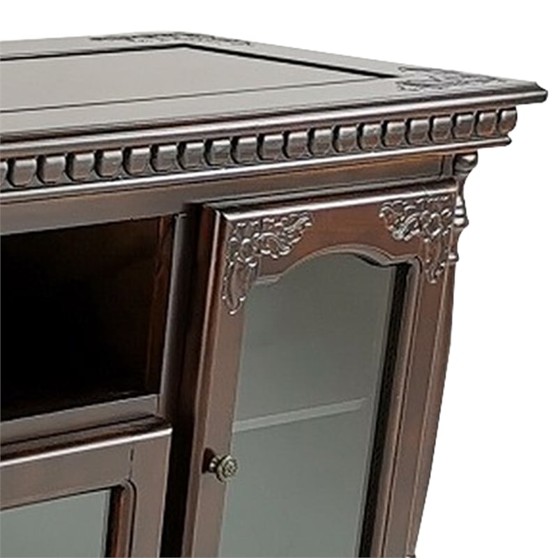 Benjara TV Stand with 4 Glass Doors and Turnip Feet- Brown