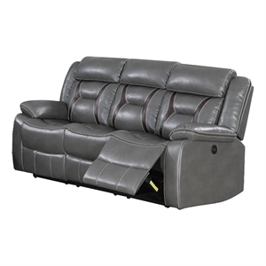 Benjara Leatherette Power Motion Sofa with Contrast Stitching- Gray