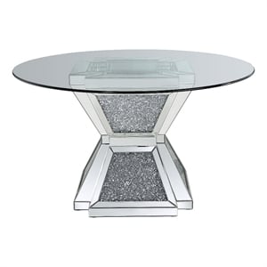 Benjara 52&quot Glass Top Dining Table with Pedestal Base- Silver