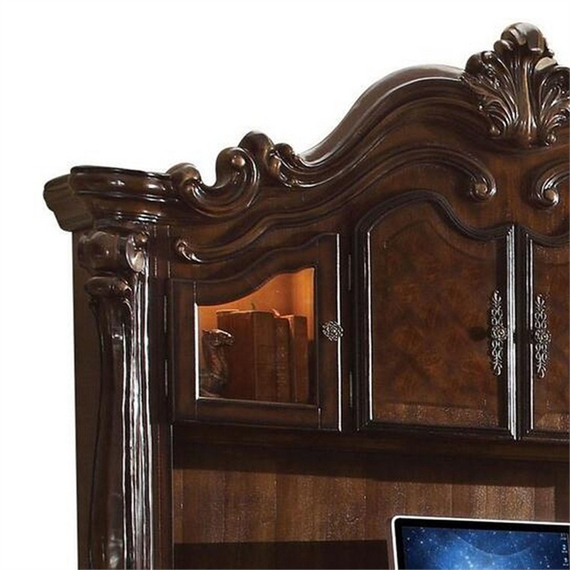 Benjara 76 Inches Scrolled and Molded Computer Desk with Hutch- Brown