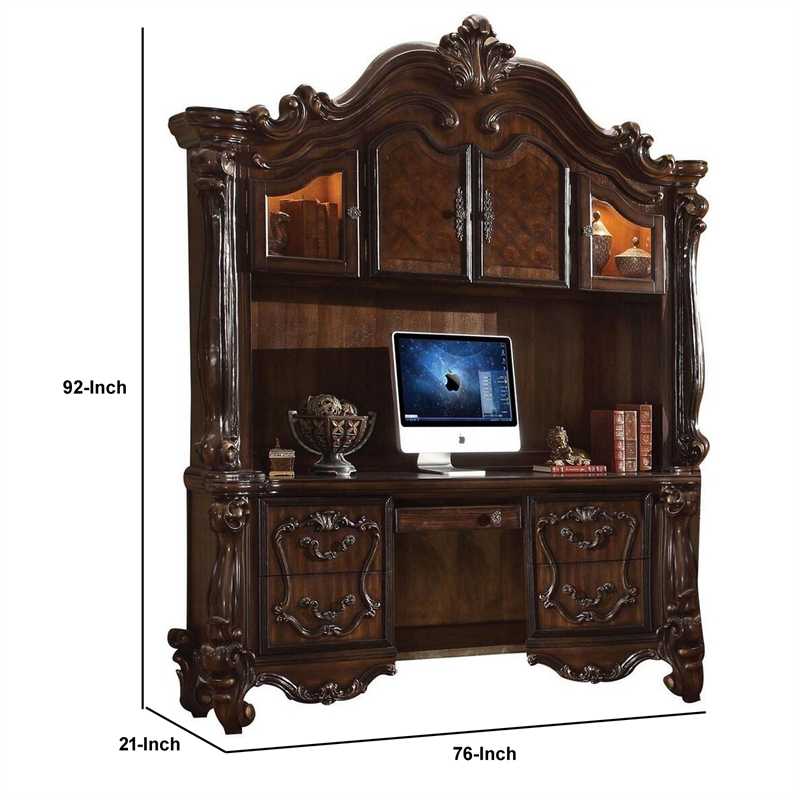 Benjara 76 Inches Scrolled and Molded Computer Desk with Hutch- Brown