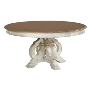 Benjara Dining Table- 60&quot Round Brown Top- Carved Pedestal Base- White