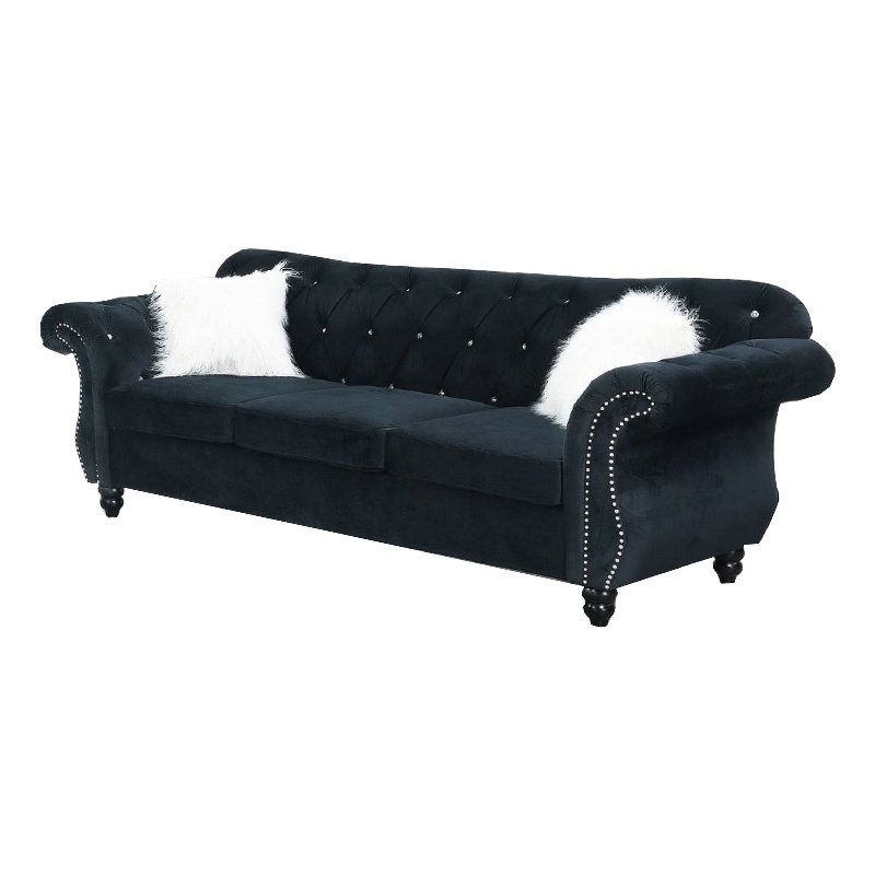Benjara 93 Inches Nailhead Trim Velvet Sofa with Crystal Tufting- Black