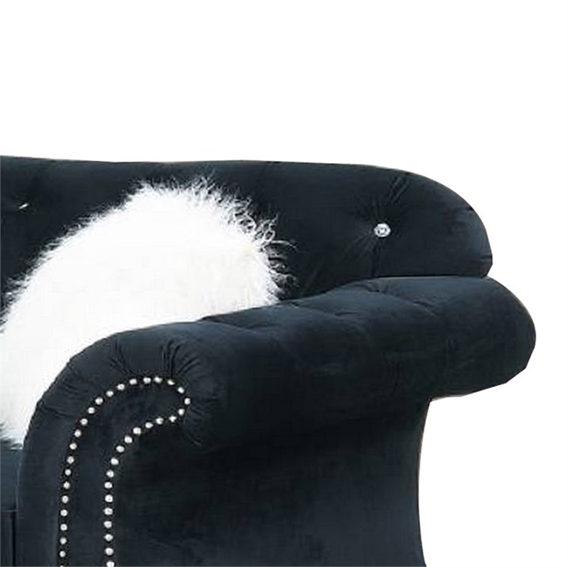 Benjara 93 Inches Nailhead Trim Velvet Sofa with Crystal Tufting- Black