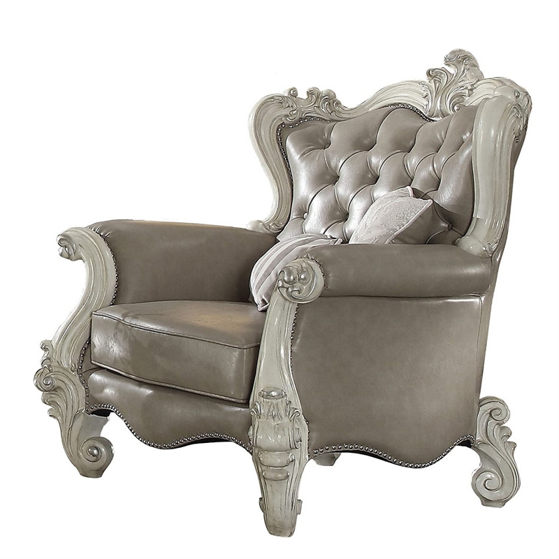 Benjara Wooden Chair with Scalloped Base and Loose Seat Cushions- Gray