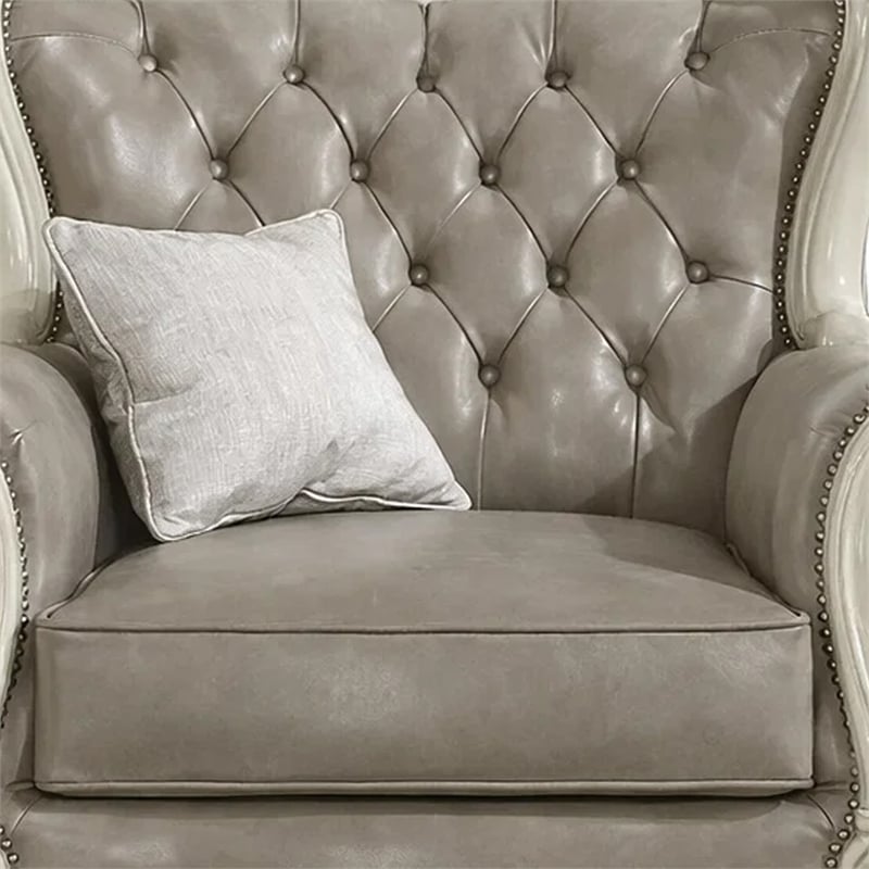 Benjara Wooden Chair with Scalloped Base and Loose Seat Cushions- Gray