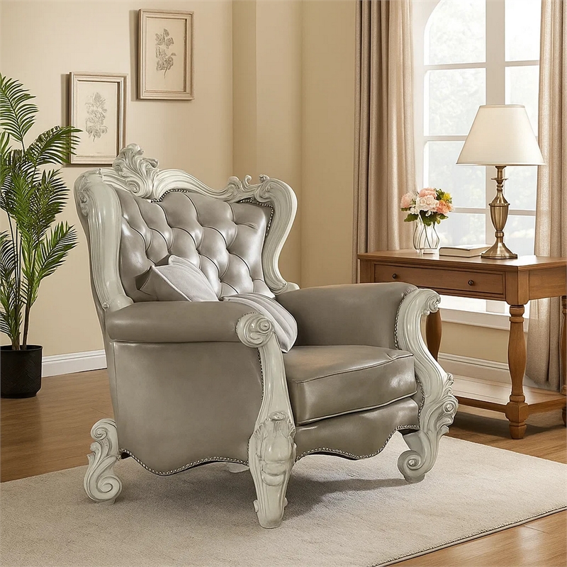 Benjara Wooden Chair with Scalloped Base and Loose Seat Cushions- Gray