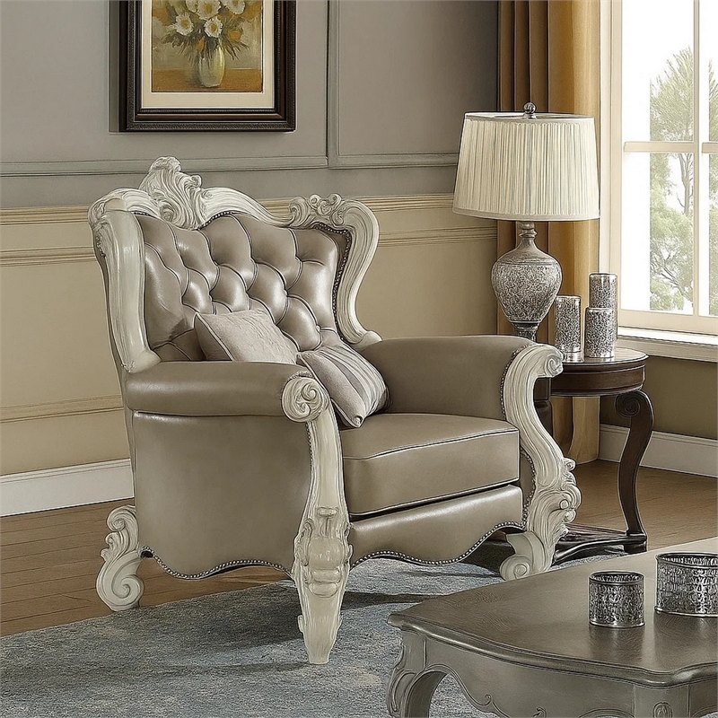 Benjara Wooden Chair with Scalloped Base and Loose Seat Cushions- Gray