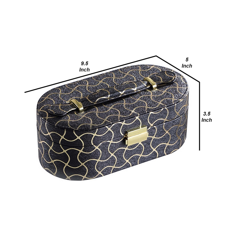 Benjara Travel Jewelry Case with 2 Semicircle Slots and Wavy Pattern- Black