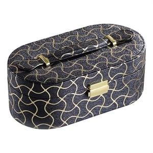 Benjara Travel Jewelry Case with 2 Semicircle Slots and Wavy Pattern- Black