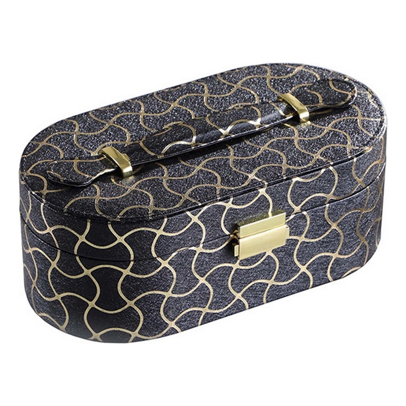 Benjara Travel Jewelry Case with 2 Semicircle Slots and Wavy Pattern- Black