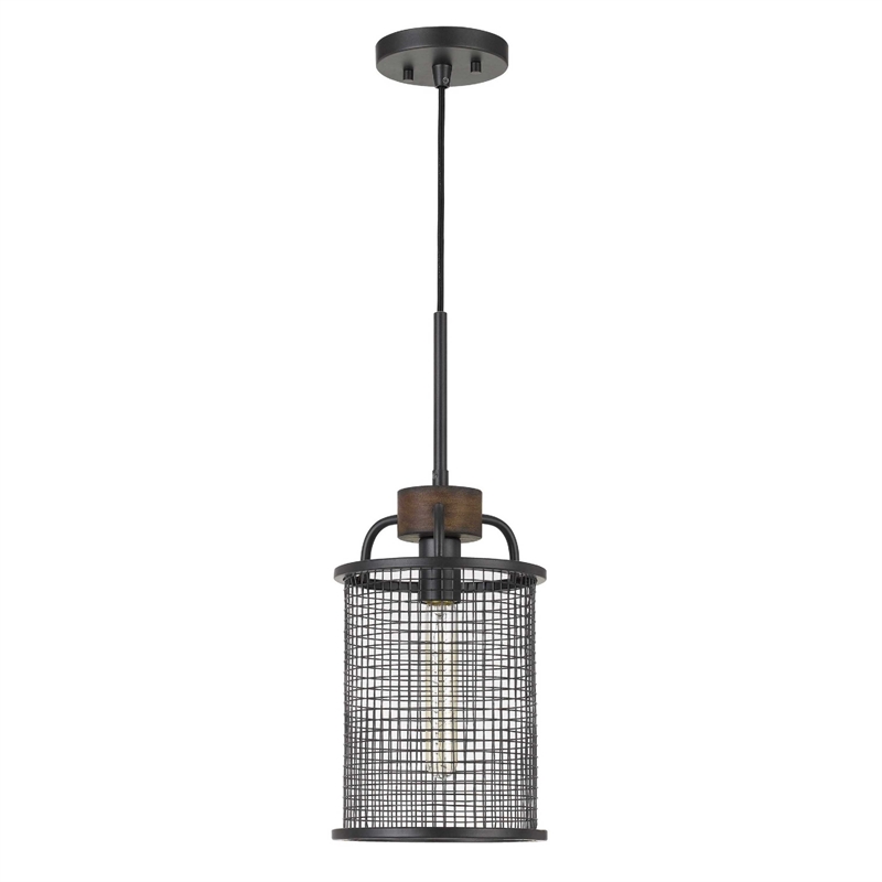 Benjara Cylindrical Grid Design Metal Chandelier with Wooden Accent- Black