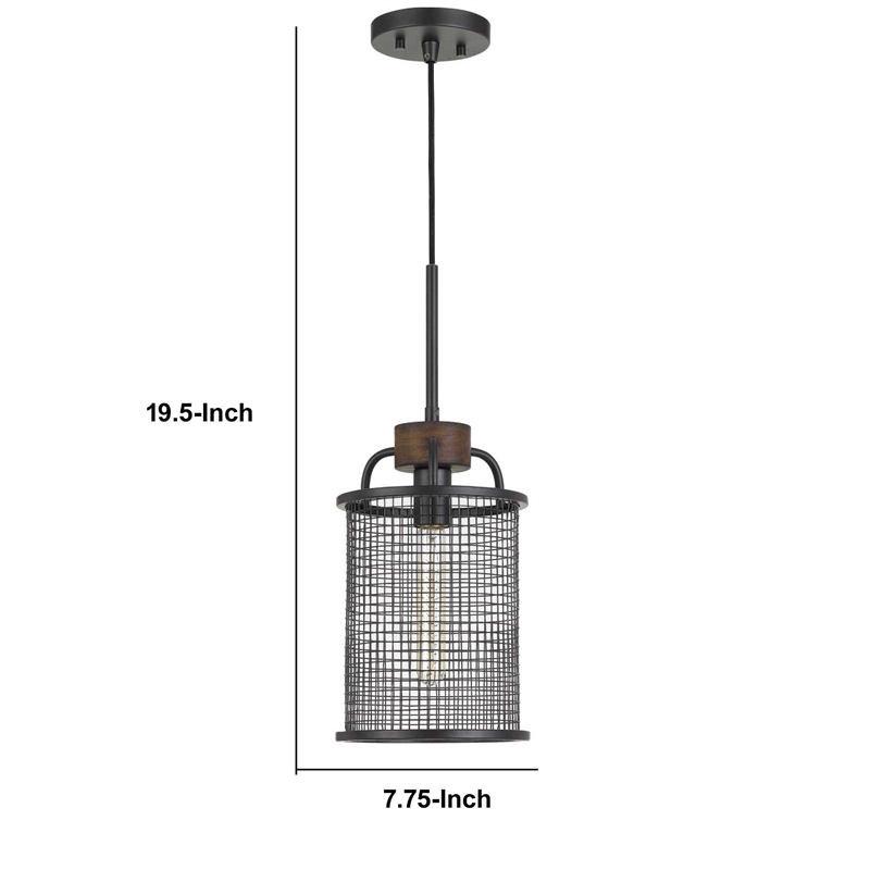 Benjara Cylindrical Grid Design Metal Chandelier with Wooden Accent- Black