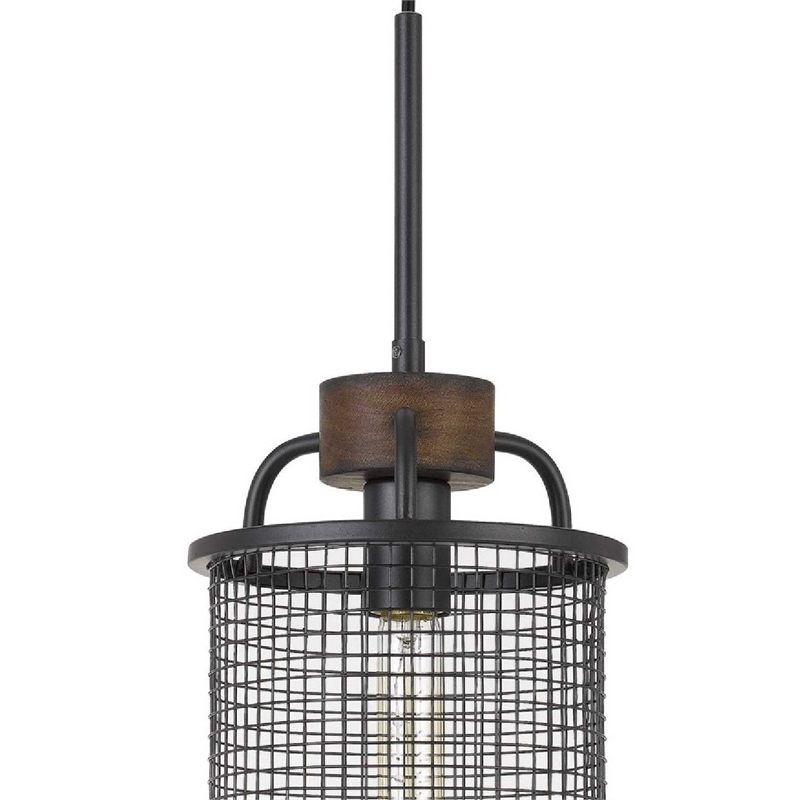Benjara Cylindrical Grid Design Metal Chandelier with Wooden Accent- Black