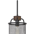 Benjara Cylindrical Grid Design Metal Chandelier with Wooden Accent- Black