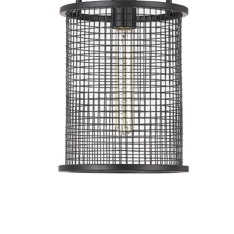 Benjara Cylindrical Grid Design Metal Chandelier with Wooden Accent- Black