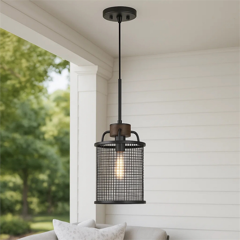 Benjara Cylindrical Grid Design Metal Chandelier with Wooden Accent- Black