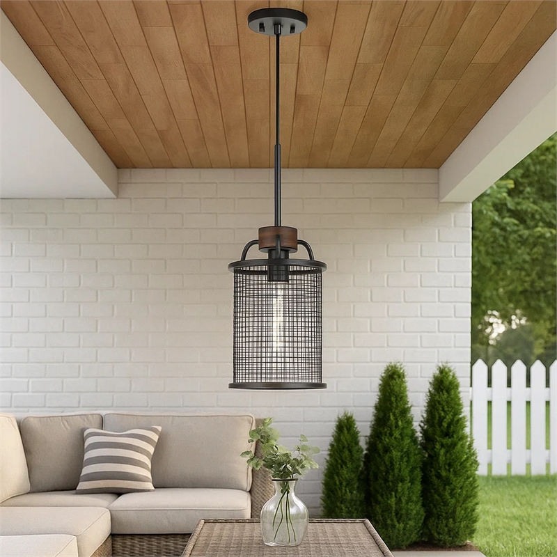 Benjara Cylindrical Grid Design Metal Chandelier with Wooden Accent- Black