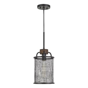 Benjara Cylindrical Grid Design Metal Chandelier with Wooden Accent- Black