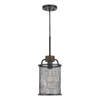Benjara Cylindrical Grid Design Metal Chandelier with Wooden Accent- Black