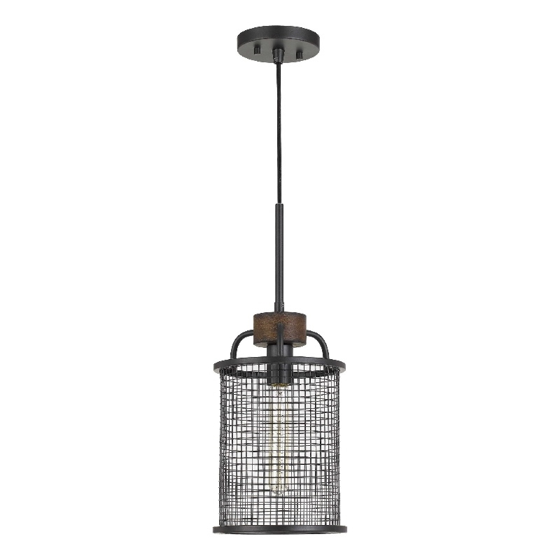 Benjara Cylindrical Grid Design Metal Chandelier with Wooden Accent- Black