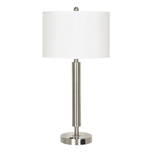Benjara Metal Table Lamp with Fabric Drum Shade- White and Silver