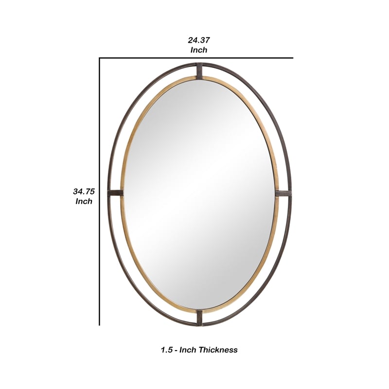 Benjara Sleek Open Double Metal Frame Oval Mirror- Rustic Bronze