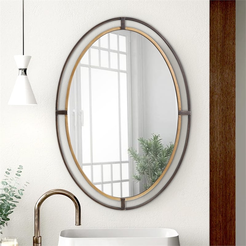 Benjara Sleek Open Double Metal Frame Oval Mirror- Rustic Bronze